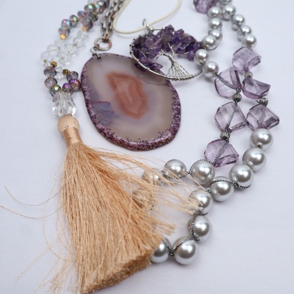 Wearable Fashion Jewelry Lot (8) Boho Purple Silver Layering Necklaces Earrings - Picture 5 of 7